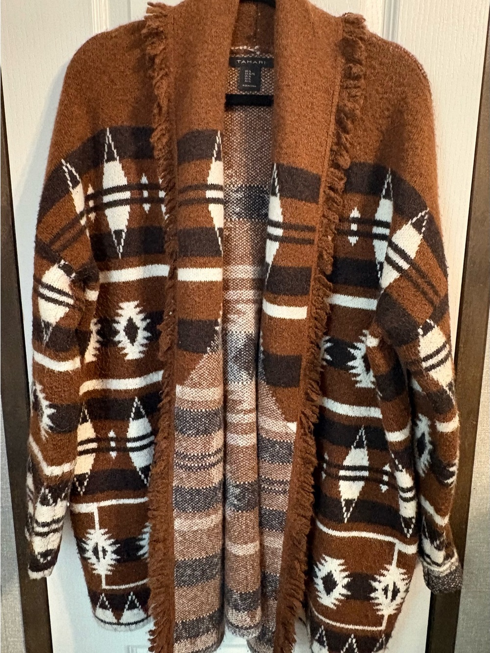 Tahari Brown and Cream Patterned Open-Front Men's Cardigan